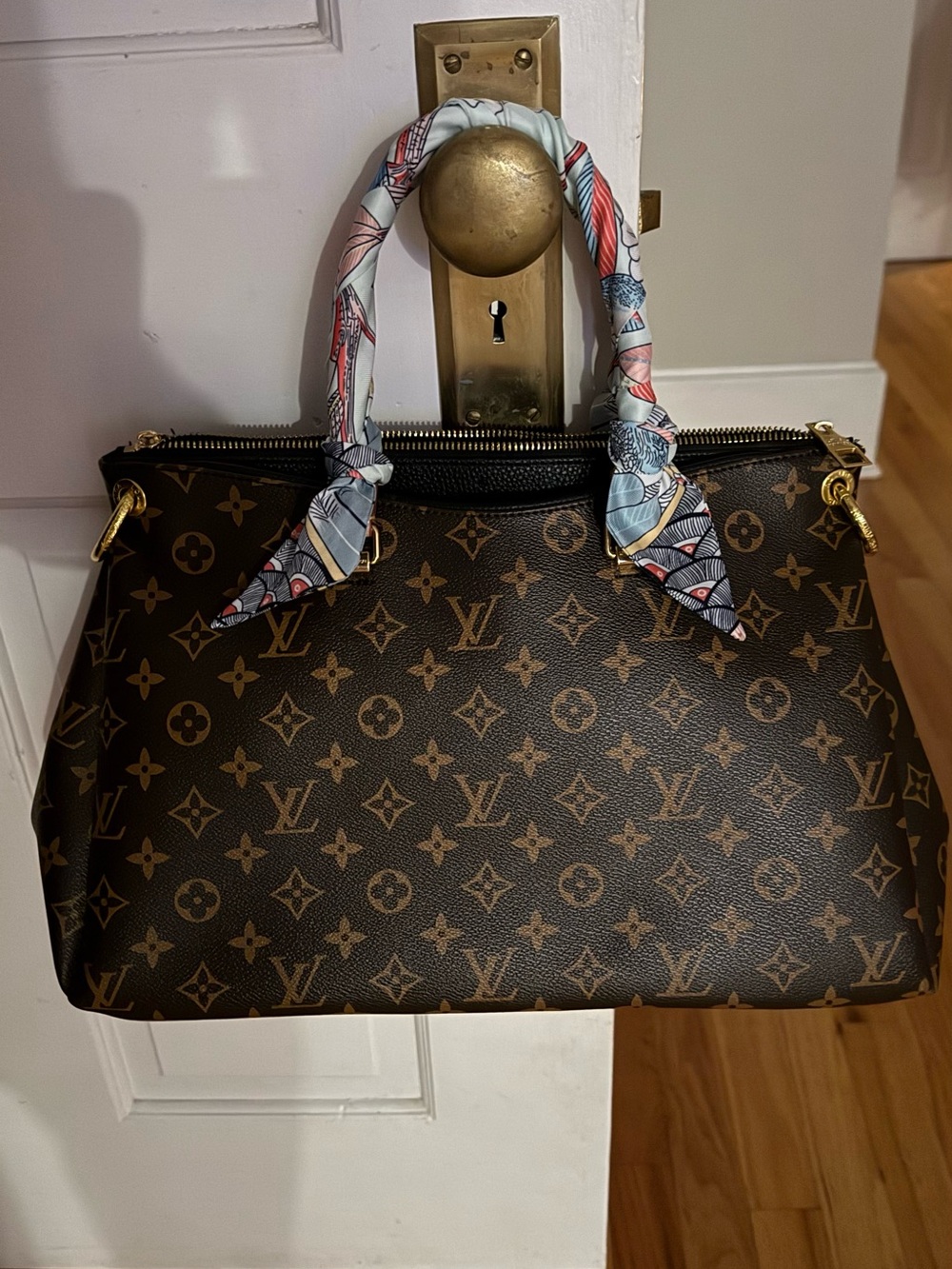 Luxury brand monogram purse with twilly scarves